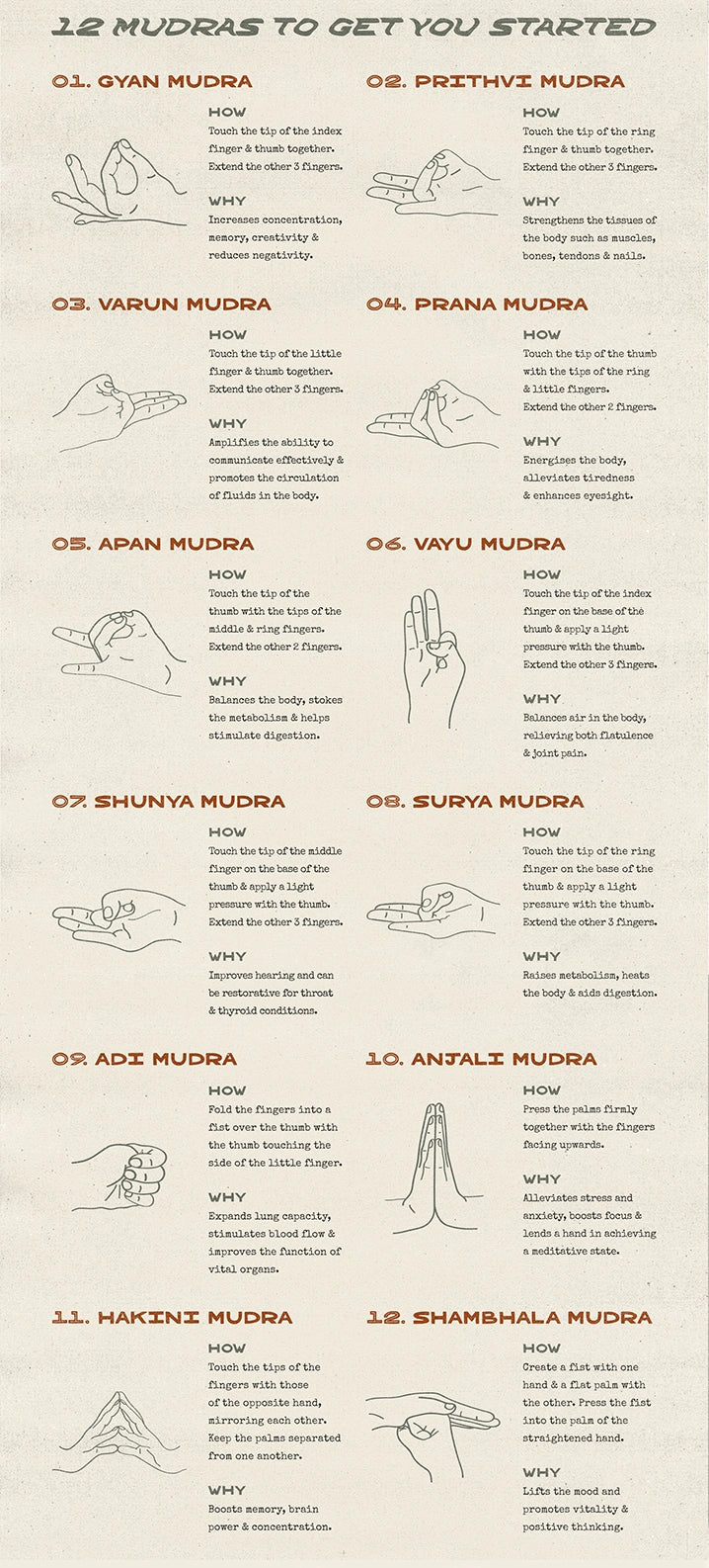 12 Essential Mudras Chart – A guide to twelve powerful hand mudras with detailed instructions on how to perform them and their benefits. Includes Gyan (concentration), Prithvi (strength), Varun (communication), Prana (energy), Apan (digestion), Vayu (air balance), Shunya (hearing), Surya (metabolism), Adi (lungs), Anjali (stress relief), Hakini (memory), and Shambhala (mood uplift). Ideal for yoga, meditation, and holistic healing practices.
