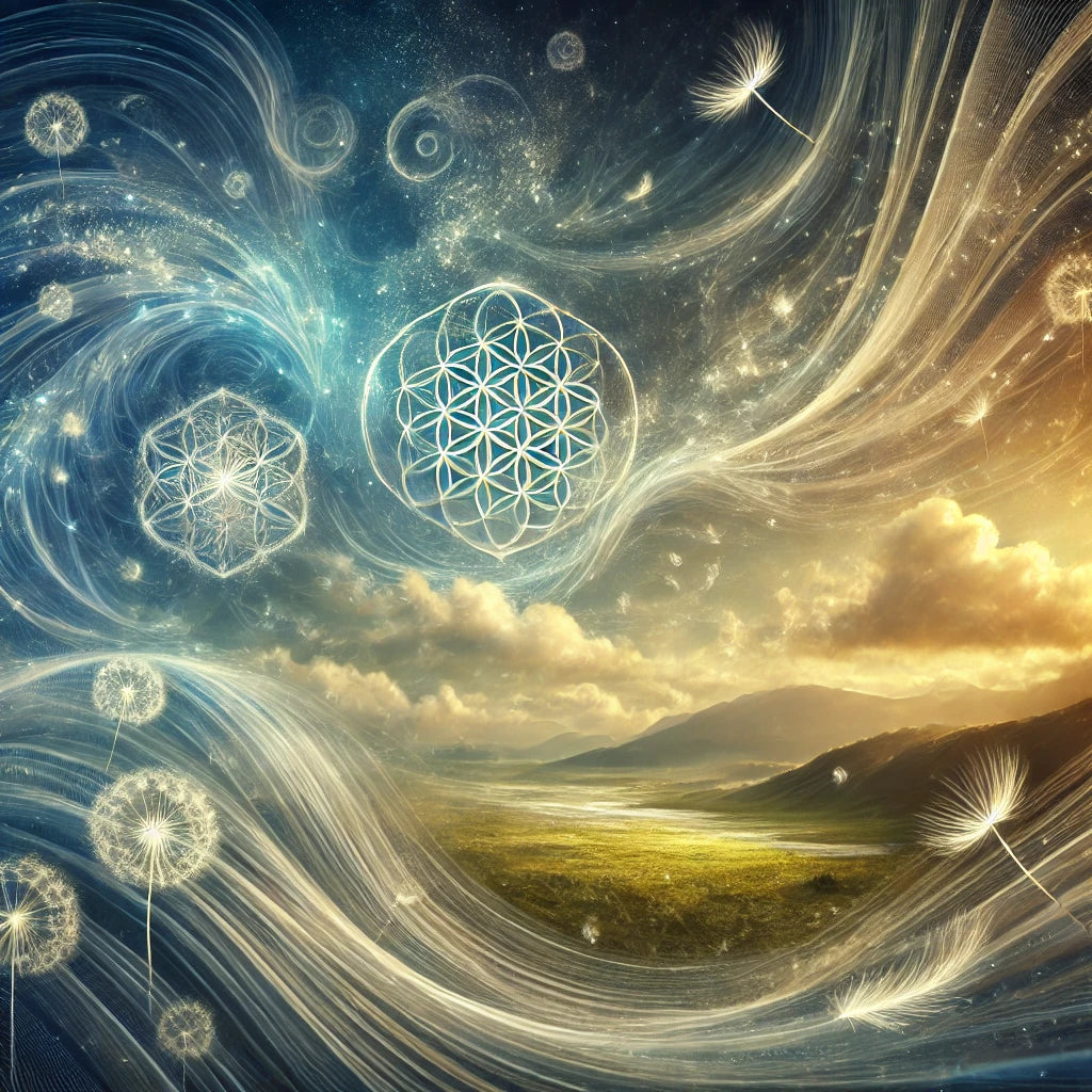 Mystical depiction of the element of air, featuring swirling translucent winds carrying sacred geometry symbols like the Flower of Life and Metatron’s Cube. Dandelion seeds float through an ethereal sky, blending cosmic energy with nature’s flow. A serene landscape below symbolizes harmony, movement, and the unseen forces of the universe.