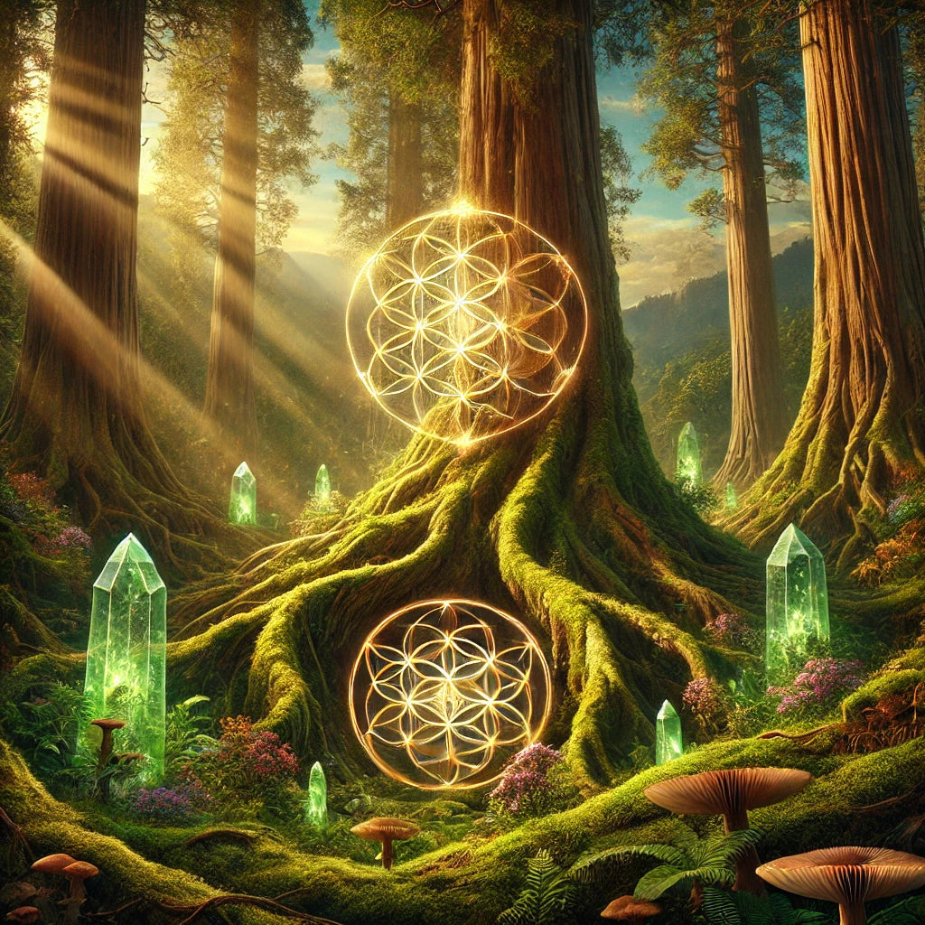 Mystical representation of the element of Earth, featuring an enchanted forest with ancient towering trees, glowing green quartz crystals, and golden sacred geometry symbols. Sunlight filters through the canopy, illuminating the moss-covered roots and vibrant flora, symbolizing grounding, stability, and deep connection to nature’s energy.