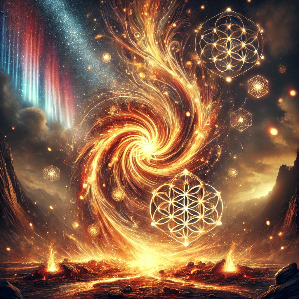Mystical representation of the element of fire, featuring a swirling vortex of flames radiating golden energy. Sacred geometry symbols, including the Flower of Life, emerge from the fiery core, blending cosmic forces with elemental power. Volcanoes and molten lava ignite the landscape, symbolizing transformation, passion, and raw creative force.