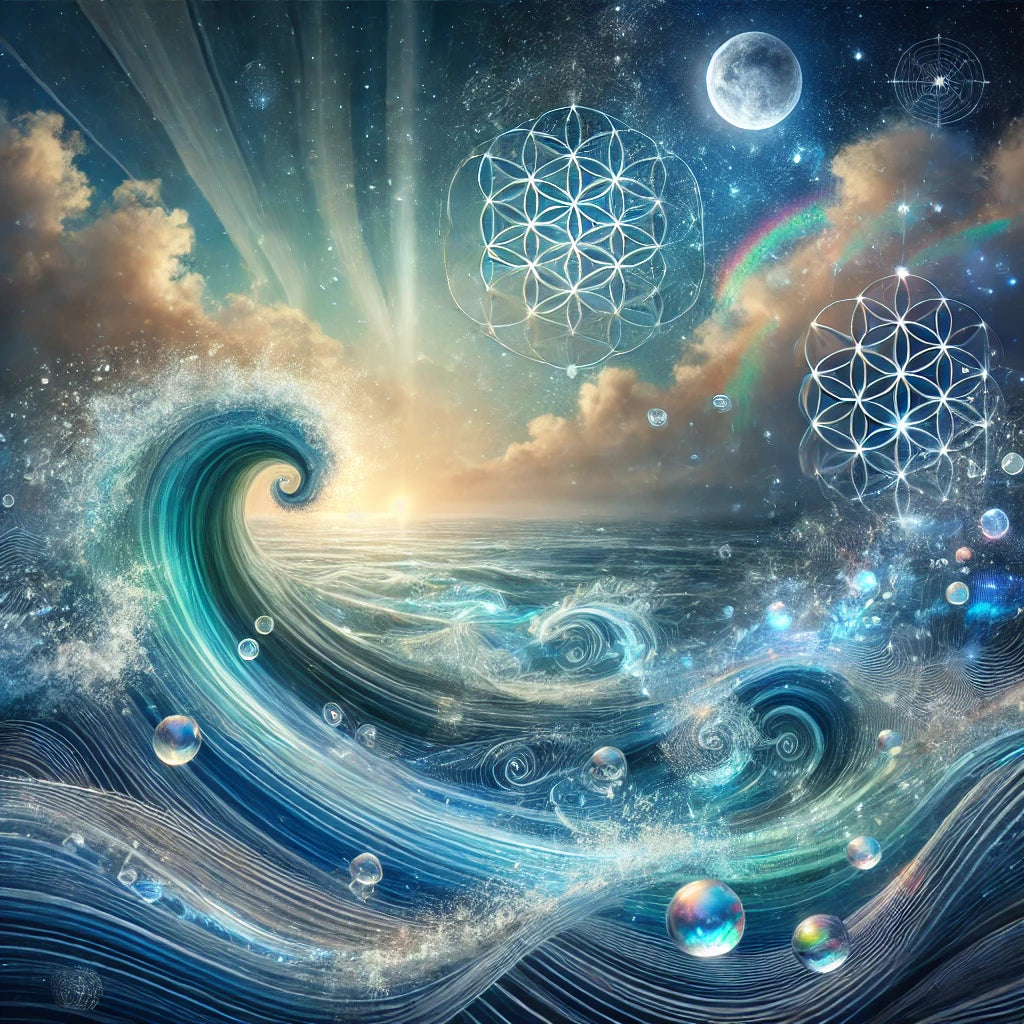 Mystical representation of the element of water, featuring swirling crystal-clear waves infused with sacred geometry. The Flower of Life patterns float above the ocean, illuminated by moonlight and cosmic energy. Ethereal bubbles and celestial reflections symbolize flow, intuition, and emotional depth in a serene yet powerful aquatic landscape.