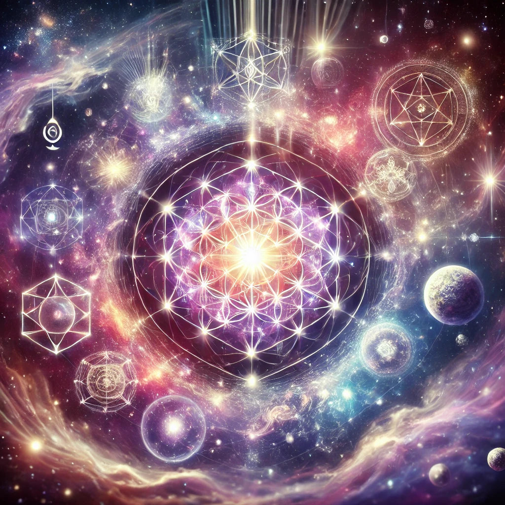 Mystical cosmic scene depicting the element of spirit, featuring a radiant vortex of light at the center, surrounded by sacred geometry, celestial bodies, and glowing planetary orbits. The Flower of Life and Metatron’s Cube intertwine with ethereal energy flows, symbolizing universal consciousness, divine connection, and sacred cosmic harmony.