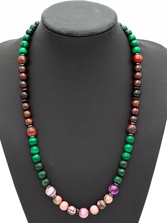A handcrafted gemstone necklace featuring a harmonious blend of vibrant green, earthy browns, soft pinks, and deep reds, symbolizing the balance of nature’s energies. Malachite, rhodonite, jasper, and obsidian beads are carefully arranged to channel grounding, transformation, and heart-centered healing. The natural luster of the stones radiates a sense of connection to the Earth, while the symmetrical pattern evokes a rhythmic flow of elemental energy.
